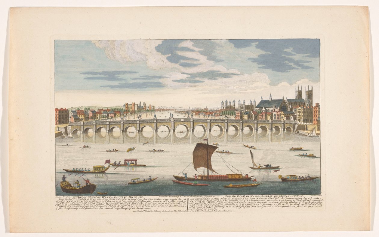 Utsikt over Westminster Bridge over Themsen i London, sett fra nord En sørlig utsikt over Westminster Bridge (tittel på objekt) av Robert Sayer