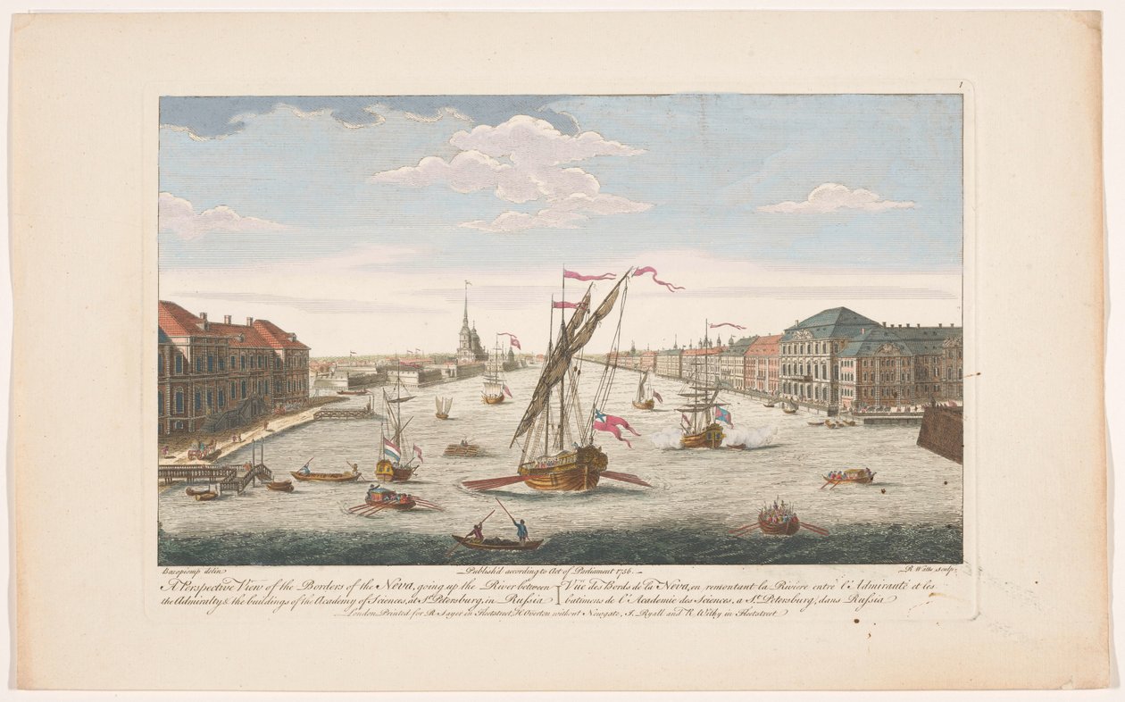 Utsikt over elven Neva i St. Petersburg, sett mot strømmen Et perspektivbilde av grensene til Neva, som går oppover elven (...) (tittel på objekt) av Robert Sayer
