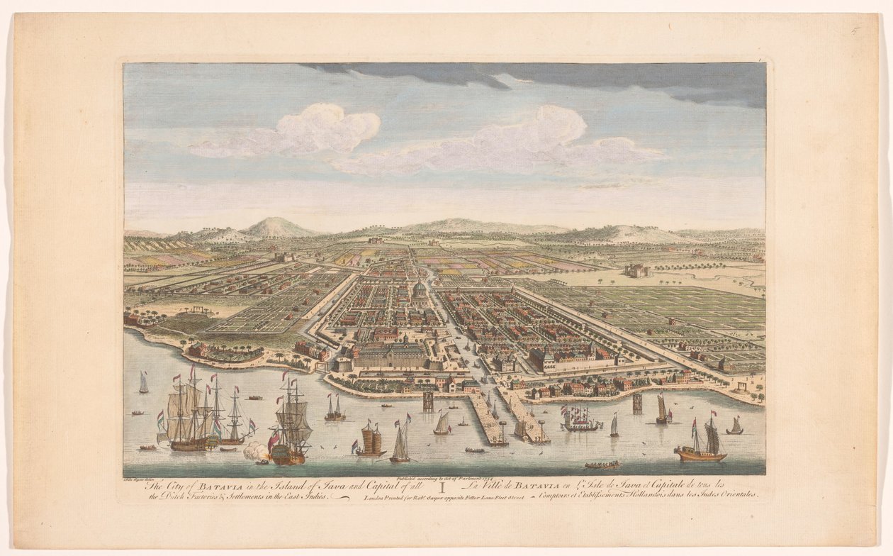 Utsikt over byen Batavia Byen Batavia på øya Java og hovedstad for alle de nederlandske fabrikkene og bosetningene i Øst-India (tittel på objekt) Nederzettingen van de VOC (serietittel) av Robert Sayer