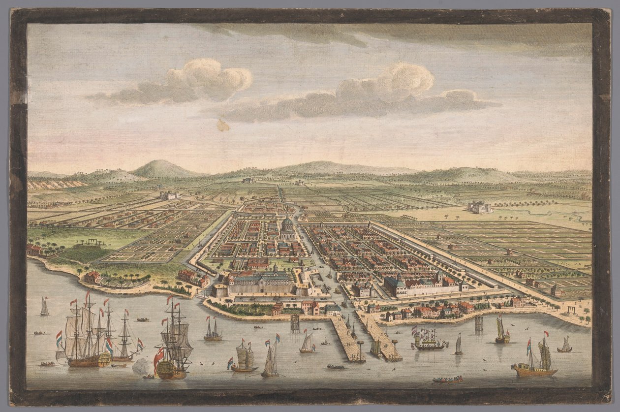 Utsikt over byen Batavia Byen Batavia på øya Java og hovedstad for alle de nederlandske fabrikkene og bosetningene i Øst-India (tittel på objekt) Nederzettingen van de VOC (serietittel) av Robert Sayer
