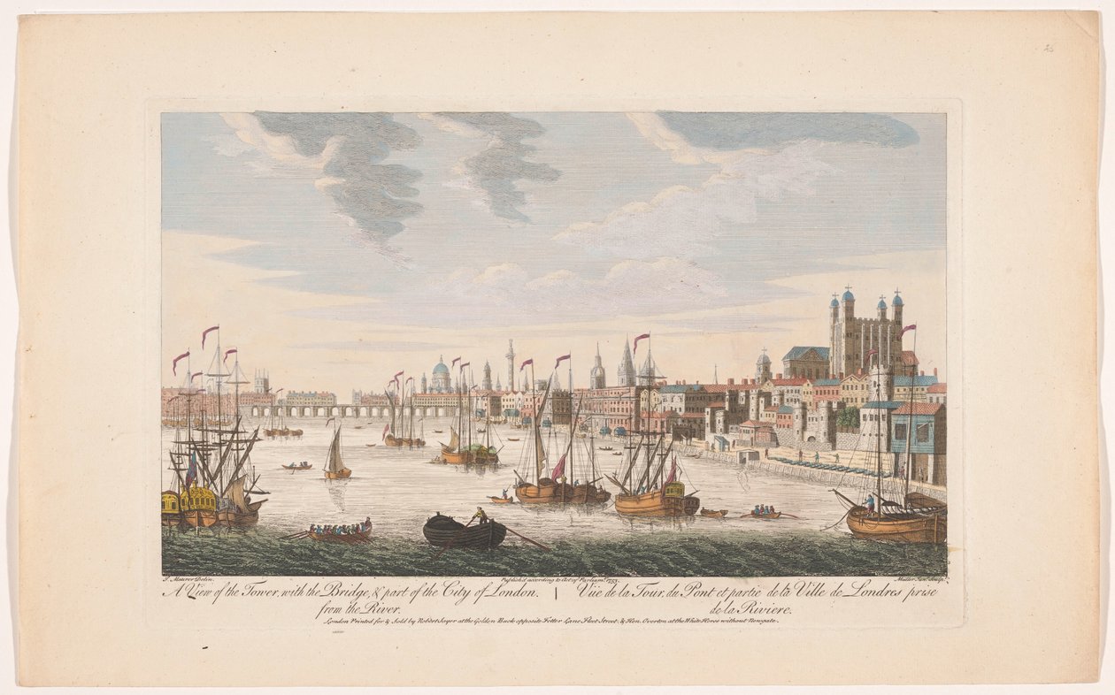 Utsikt over City of London fra Themsen Utsikt over The Tower, med broen, og en del av London. Fra elven (tittel på objekt) London (serietittel) av Robert Sayer