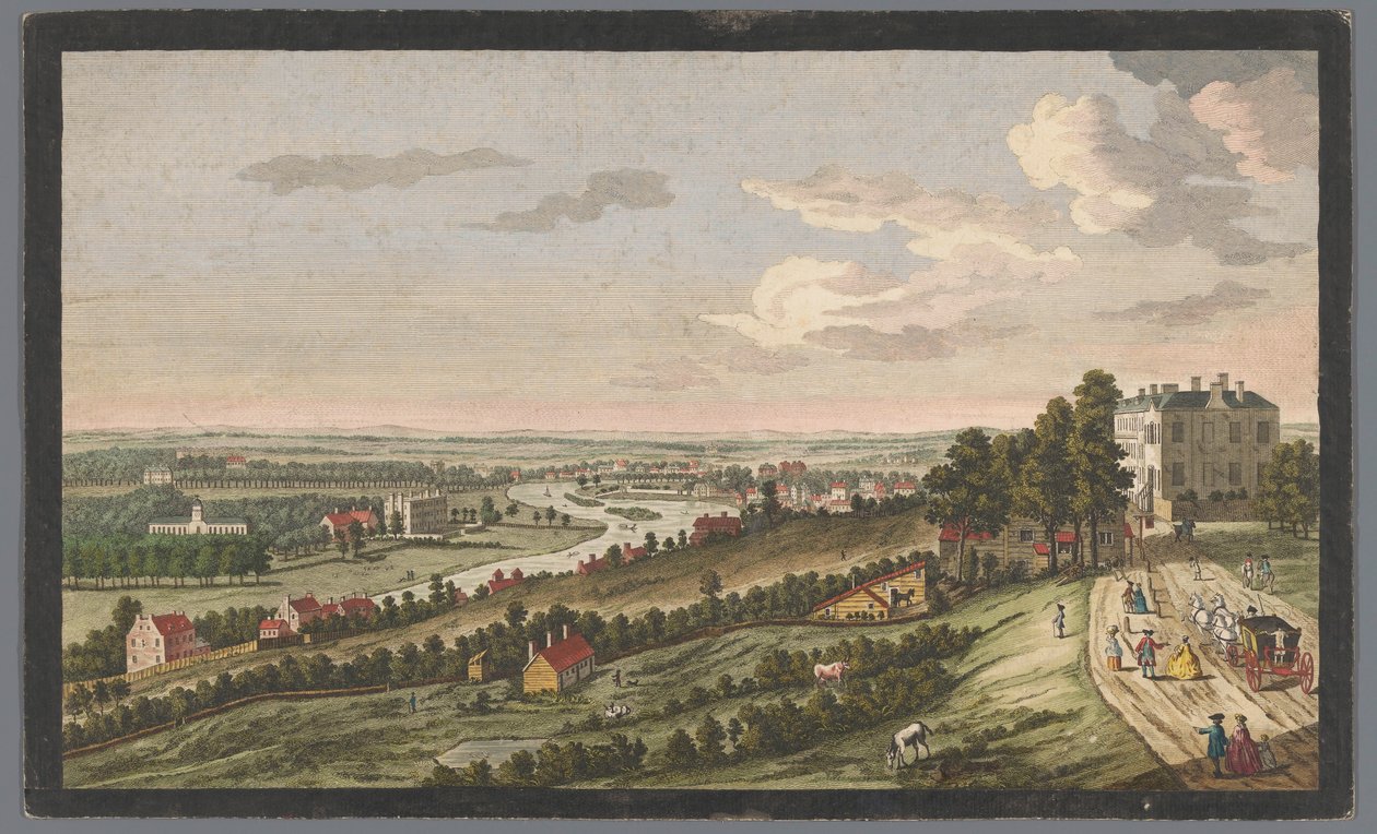 Utsikt over byen Richmond ved Themsen En vestlig utsikt over Richmond &c. i Surry, fra Star and Garter on the Hill (tittel på objekt) Thames (serietittel) av Robert Sayer