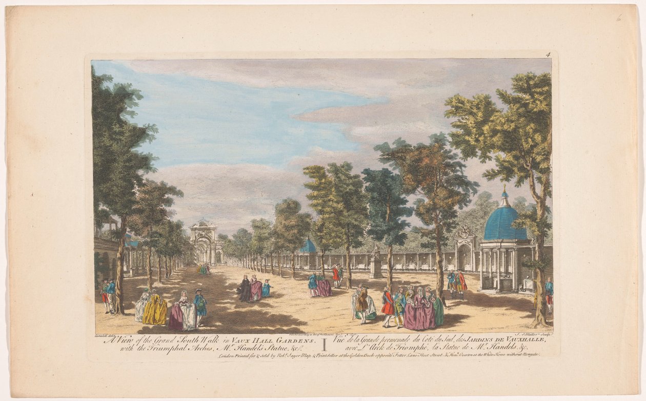 Utsikt over en aveny med en triumfbue i Vauxhall Gardens i London Utsikt over den store sørturen ved Vauxhall Gardens. Med triumfbuene, Mr. Händels statue, &c (tittel på objekt) Ranelagh Gardens og Vauxhall Gardens (serietittel) av Robert Sayer