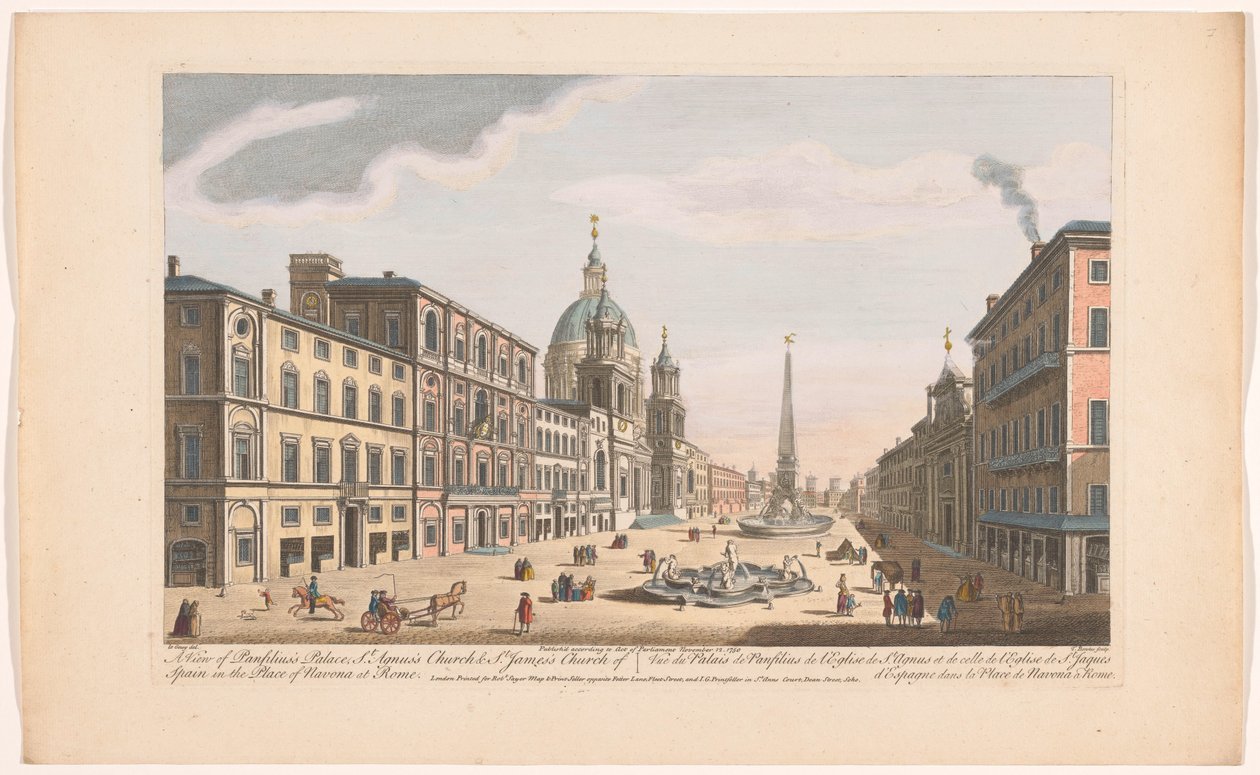 Se på Palazzo Pamphili på Piazza Navona i Roma Utsikt over Panfilius-palasset, St. Agnus-kirken og St. James-kirken i Spania på Navona-plassen i Roma (tittel på objektet) Roma (serietittel) av Robert Sayer