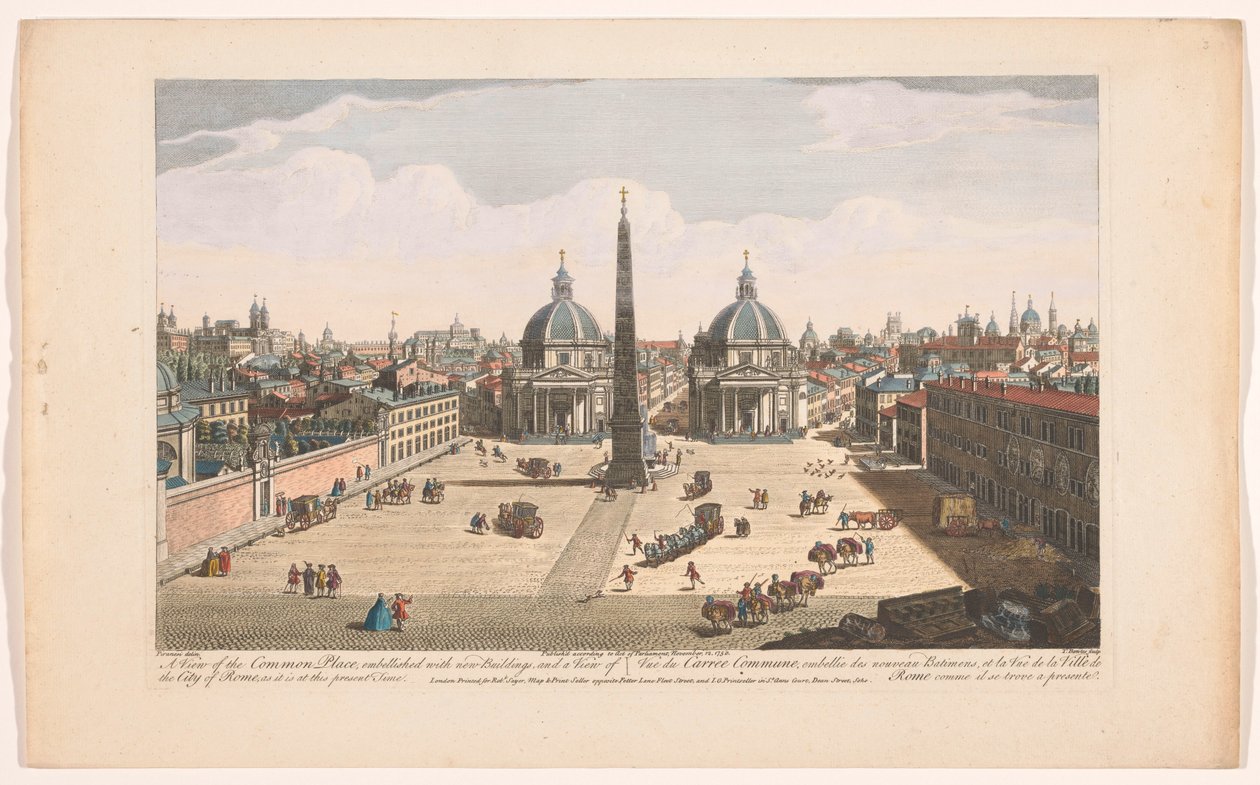 Se på Piazza del Popolo i Roma En utsikt over Common Place, pyntet med nye bygninger, og en utsikt over byen Roma, slik den er på dette nåværende tidspunkt (tittel på objekt) Roma (serietittel) av Robert Sayer