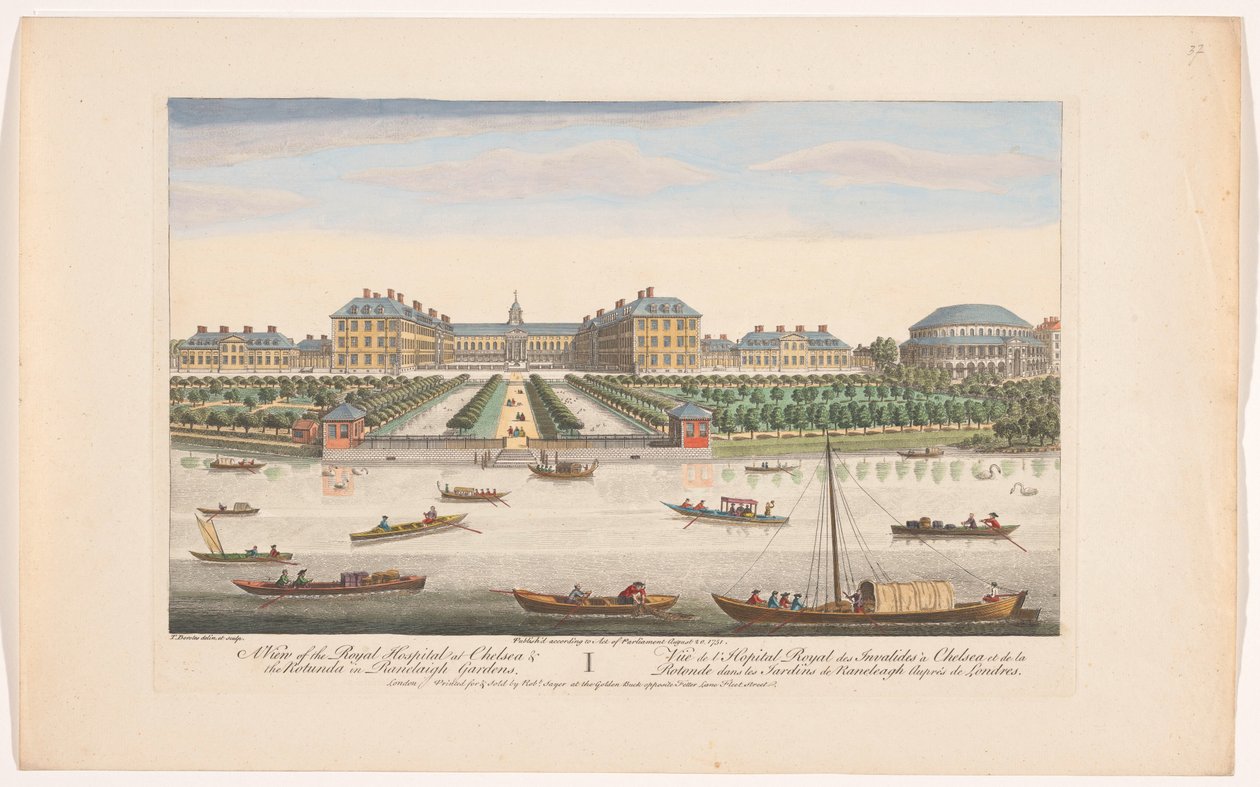 Utsikt over Royal Hospital Chelsea og Rotunda i Ranelagh Gardens i London En utsikt over Royal Hospital i Chelsea og Rotunda i Ranelaigh Gardens (tittel på objekt) London (serietittel) av Robert Sayer