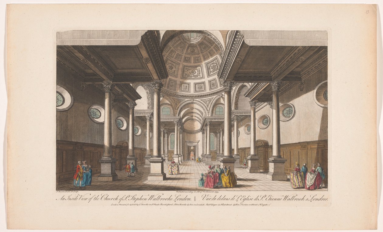 Utsikt over interiøret i Saint Stephen Walbrook-kirken i London En innvendig utsikt over kirken St Stephen Walbrooke London (tittel på objekt) London (serietittel) av Robert Sayer