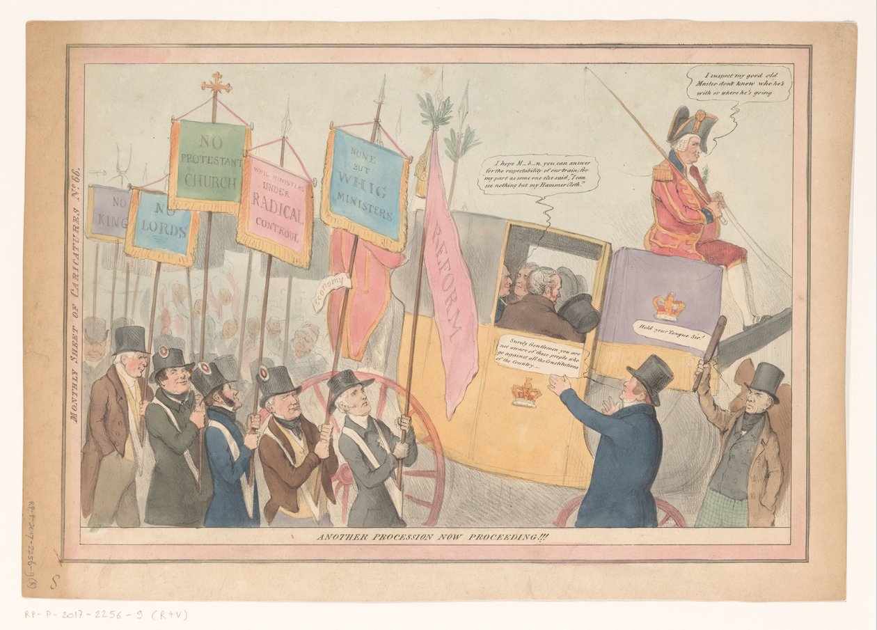 Tegneserie om engelsk innenrikspolitikk Nok en prosesjon fortsetter nå!!! (tittel på objekt) Månedlig ark med karikaturer nr. 66. (tittel på objekt) av Robert Seymour (possibly)