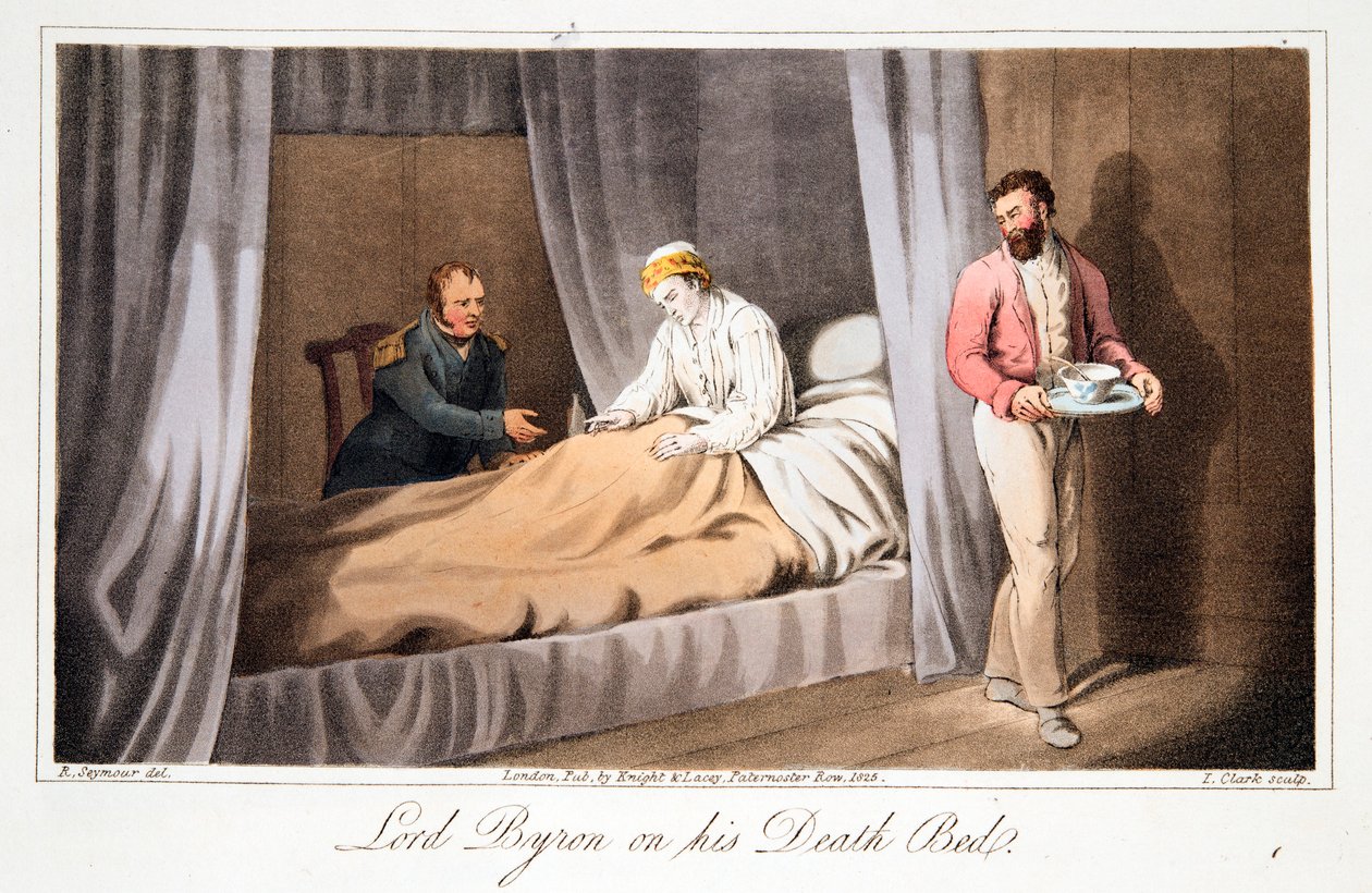 Lord Byron på dødsleiet, pub. 1825. av Robert Seymour