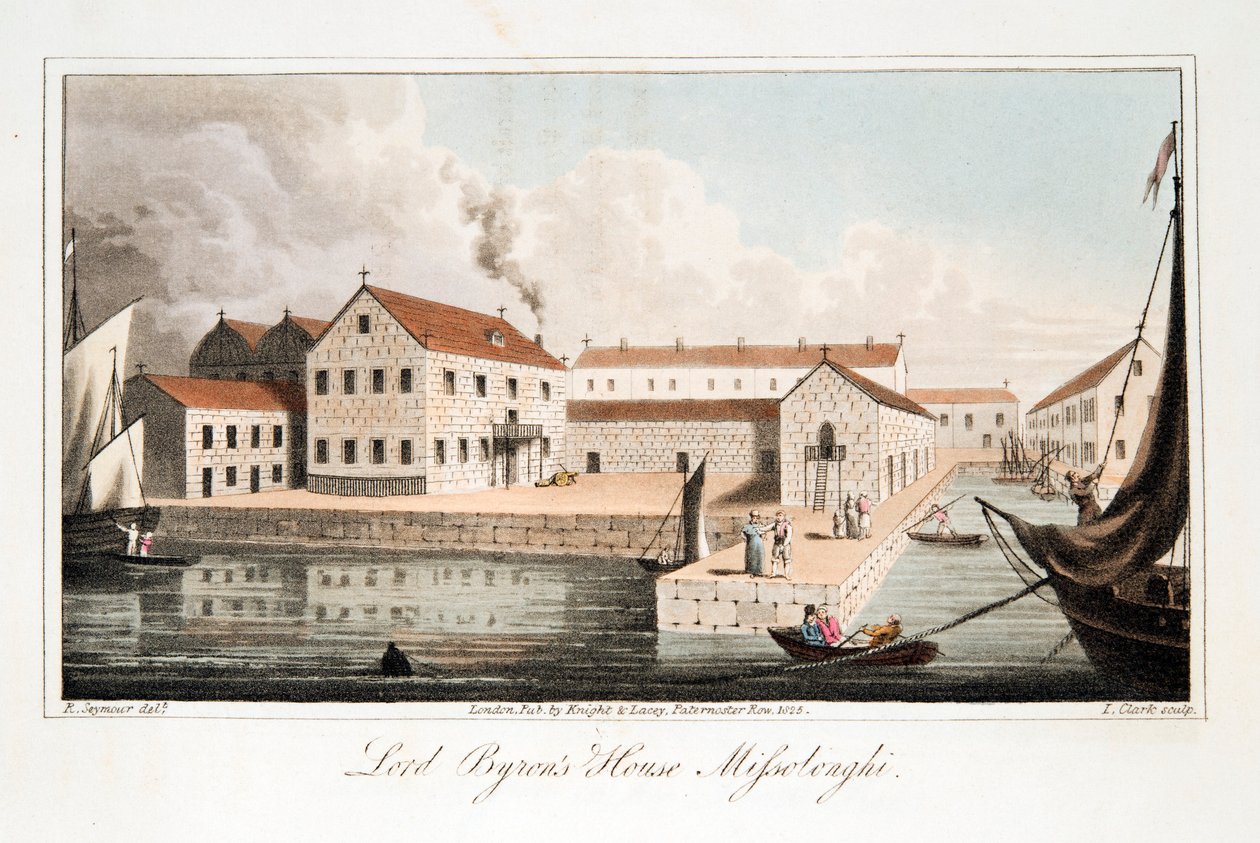Lord Byrons hus på Missolonghi, pub. 1825. av Robert Seymour