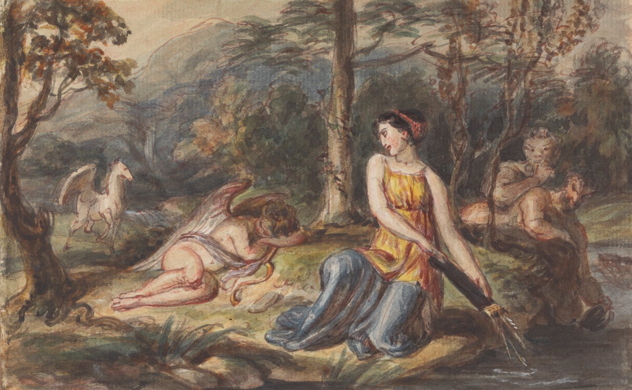 Diana, jaktens gudinne, med satyrer, sovende Amor og en Pegasus i et skogslandskap av Robert Smirke