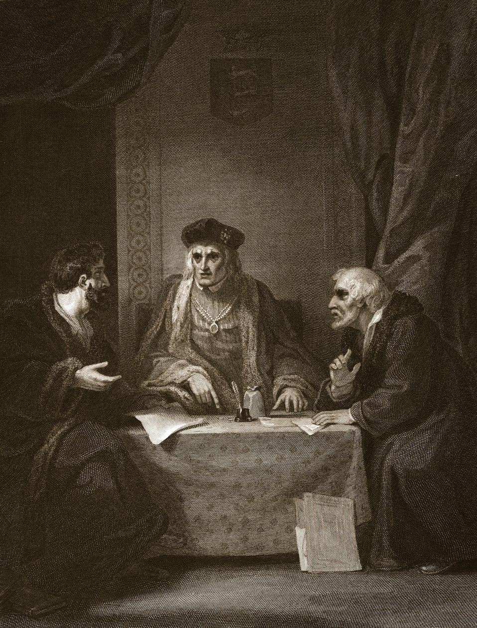 Henry VII med Empson und Dudley, gravert av Worthington, illustrasjon fra David Humes 