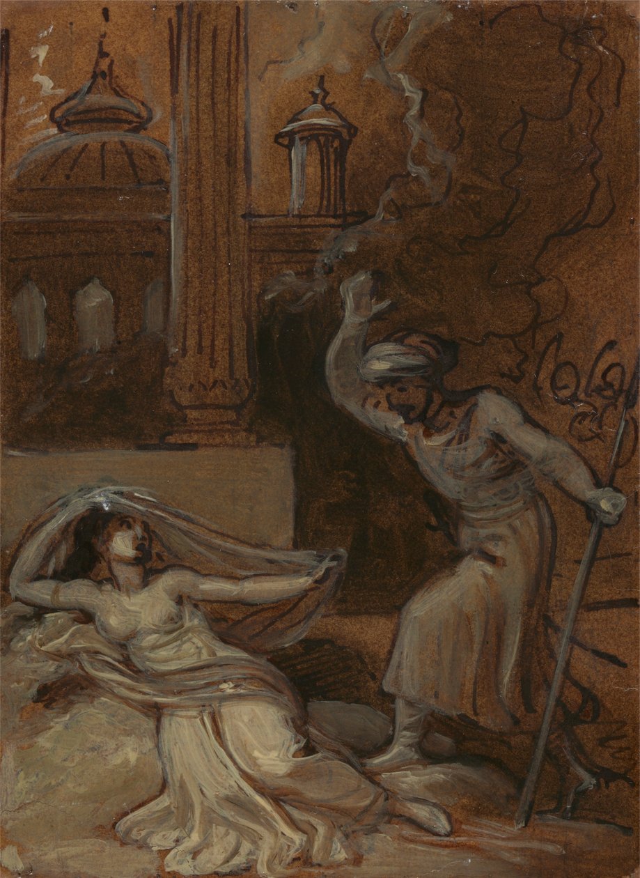 Illustrasjon for en østromantikk, muligens 'The Arabian Nights' (med kvinnelig figur tilbakelent til venstre) av Robert Smirke