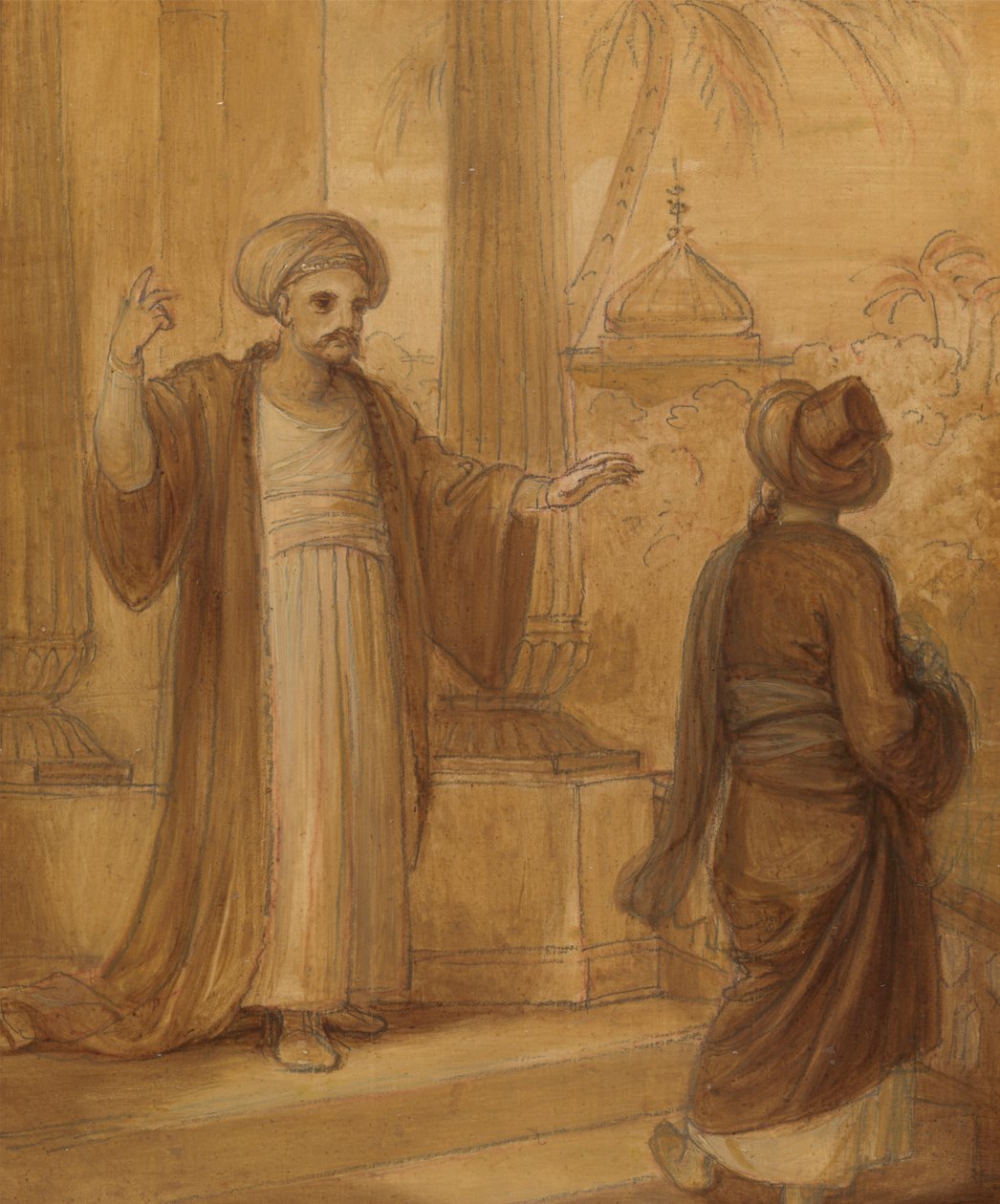 Illustrasjon for en østlig romantikk, muligens 'The Arabian Nights', med to mannsfigurer stående av Robert Smirke