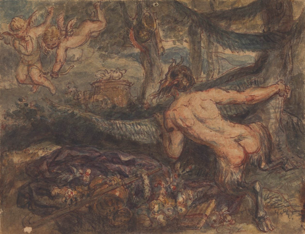 Panorer, spionerer, fra bak et tre, ved Putti, skyter piler av Robert Smirke