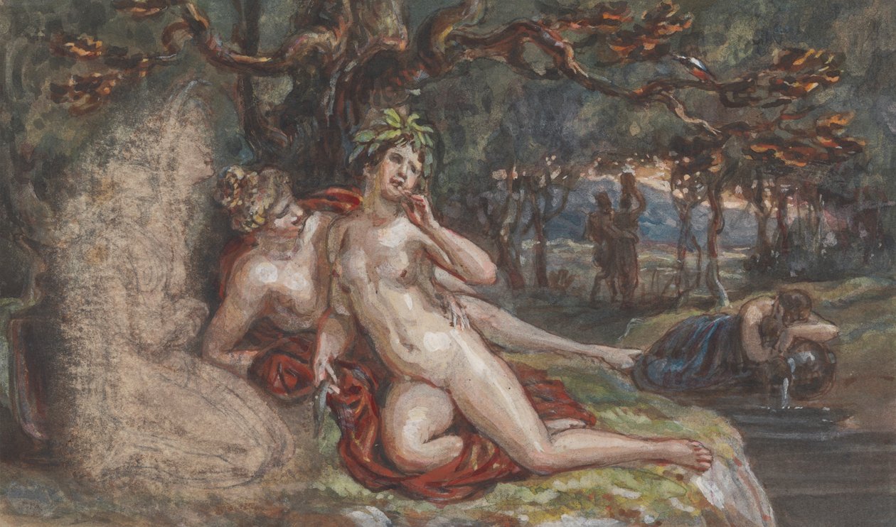 Skogkledd scene med et par som legger seg under et tre, ved en bekk av Robert Smirke