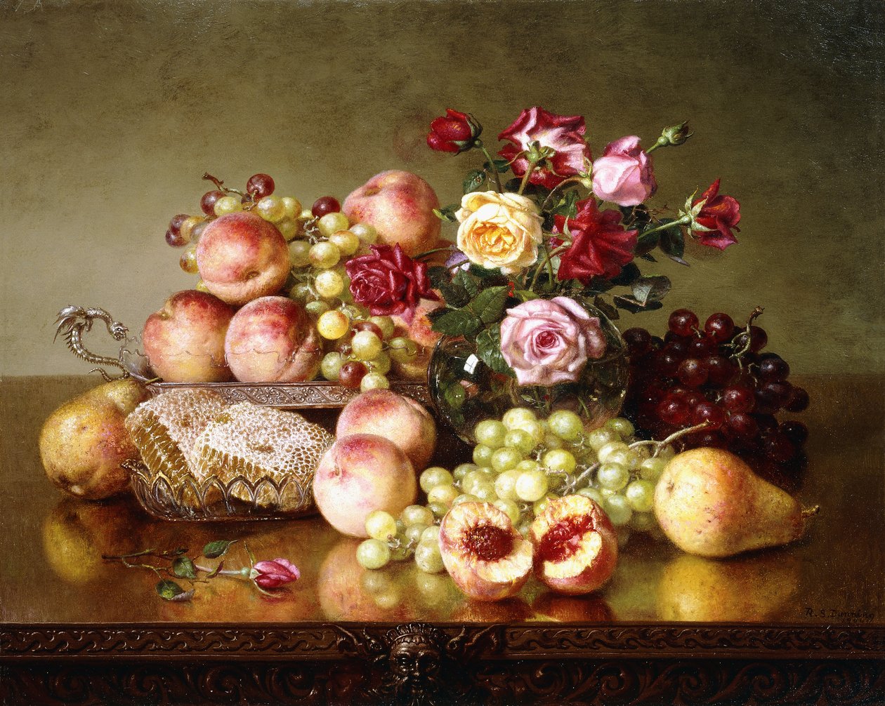 Fruktstilleben med roser og honeycomb, 1904 av Robert Spear Dunning