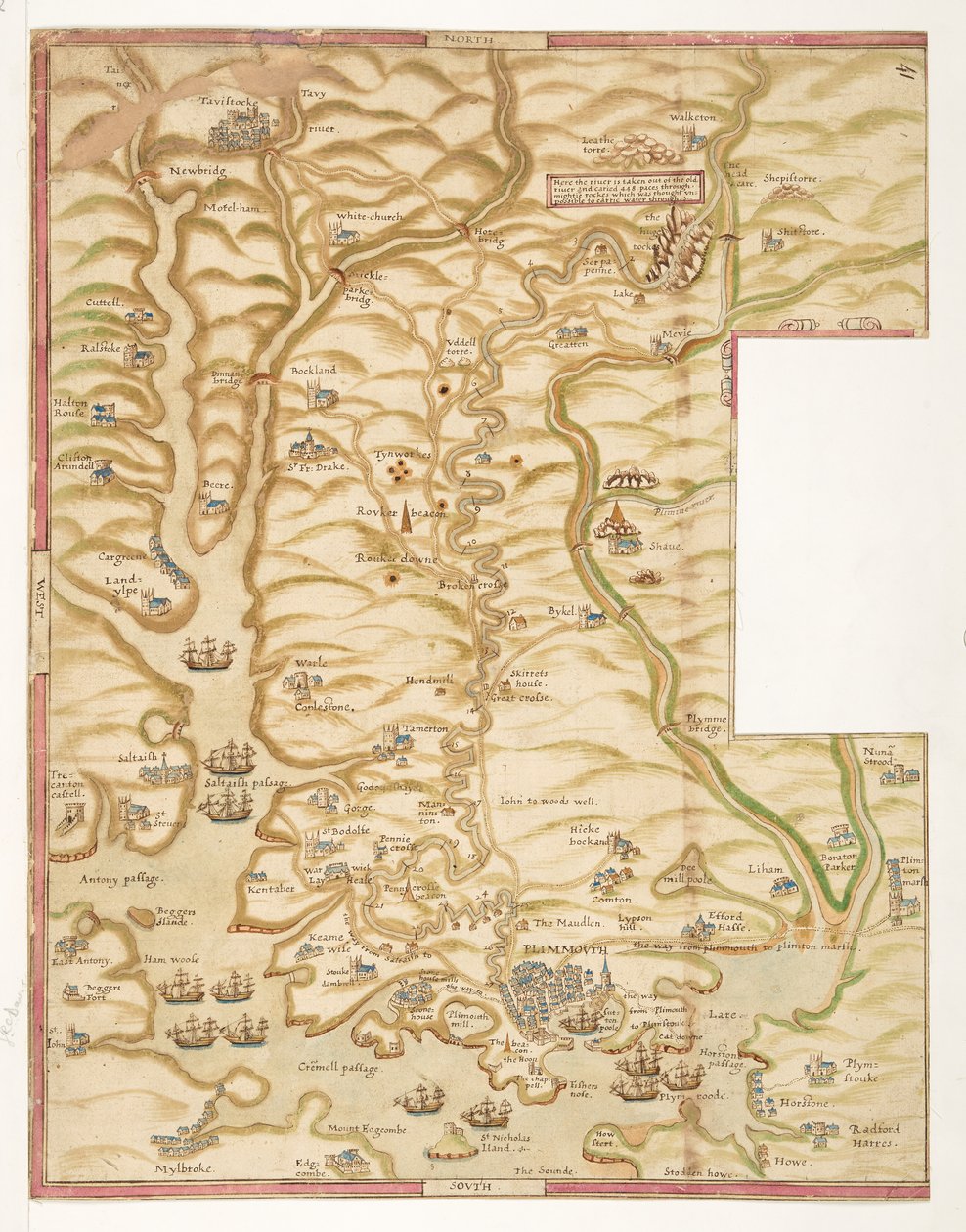 Et farget kart over Plymouth Harbour, og over landet opp til Tavistock; tegnet muligens av Robert Spry av Robert Spry
