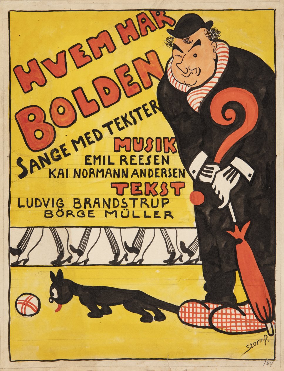 Oppsett for tittelblad for "Hvem har Bolden". Karikert portrett av Carl Alstrup av Robert Storm Petersen