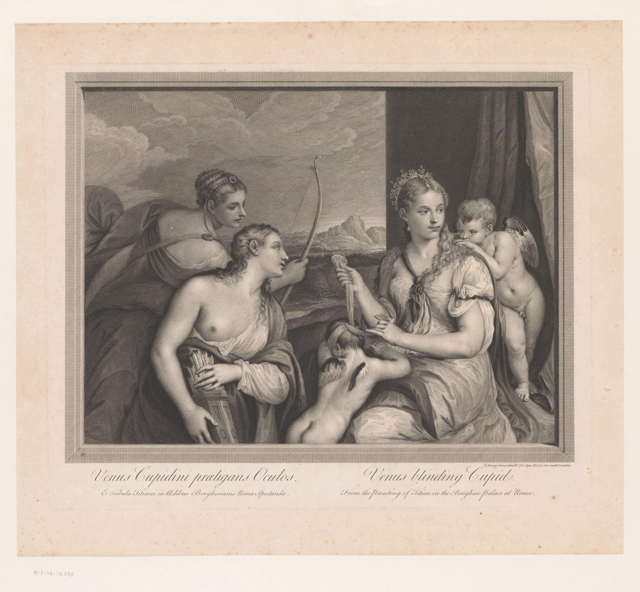 Venus har en blindduk på Cupido Venus velger Amors øyne. Venus blender Amor (tittel på objekt) av Robert Strange