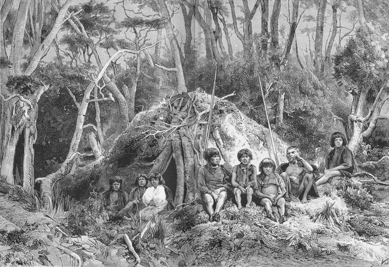 Fuegians and their Wigwams, c1885, 1890 av Robert Taylor Pritchett