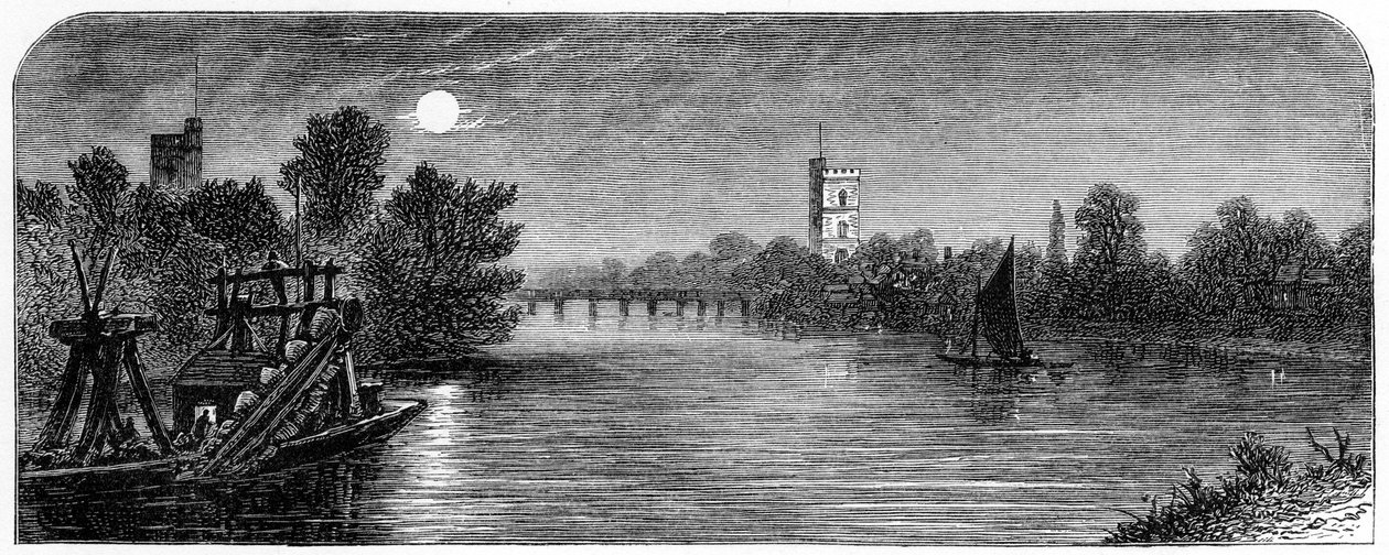 Putney Bridge and Church by Moonlight, 1880 av Robert Taylor Pritchett