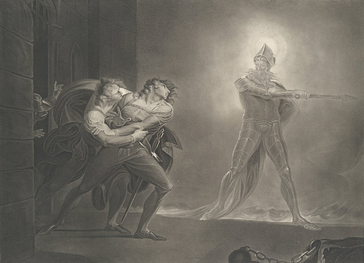 Hamlet, Horatio, Marcellus and the Ghost Shakespeare, Haml..., first published 1796, reissued 1852.    1156300   no       norwegian Successfully Translated  Original: Add. 5415A Map, illustration from the Queen Mary Atlas Translat: Add. 5415A Map, illustra av Robert Thew