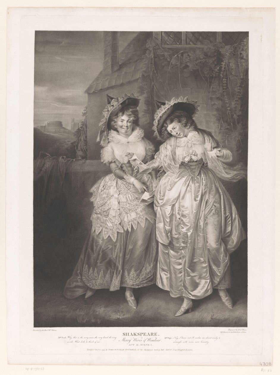 Mrs Ford og Mrs Page med John Falstaff Shakspeares kjærlighetsbrev, Merry Wives of Windsor (tittel på objekt) Trykk etter malerier fra Boydells Shakespeare Gallery (serietittel) Shakspeare Gallery (serietittel på objekt) av Robert Thew