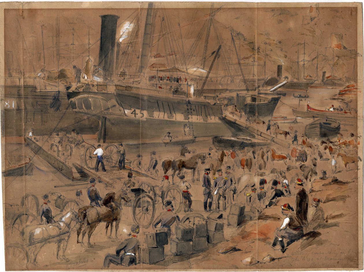 Artilleri går om bord på Argo, ved Balaklava, mai 1856 - Artilleri går om bord på Argo. Balaclava, mai 1856 av Landells, Robert Thomas (1833-1877) av Robert Thomas Landells