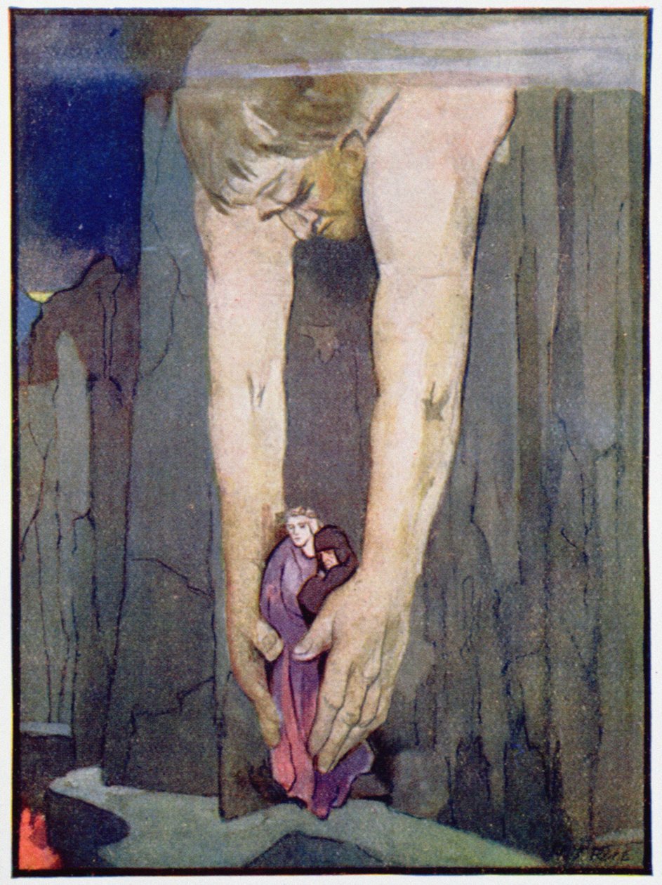 Antaeus setter ned Virgil og Dante i Helvetes siste sirkel, ca. 1910 (farge litho) av Robert Traill Rose