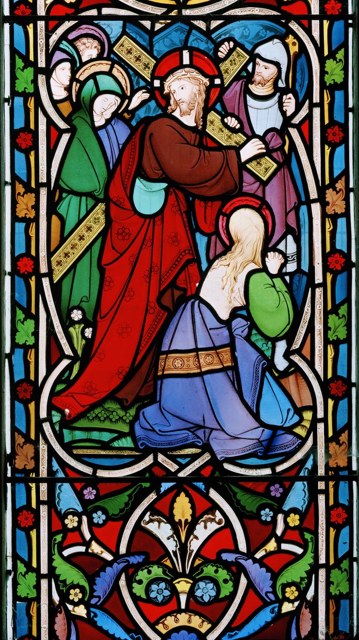 Kristus bærer korset og Maria Magdalena, ca. 1865 (farget glass) av Robert Turnill Bayne