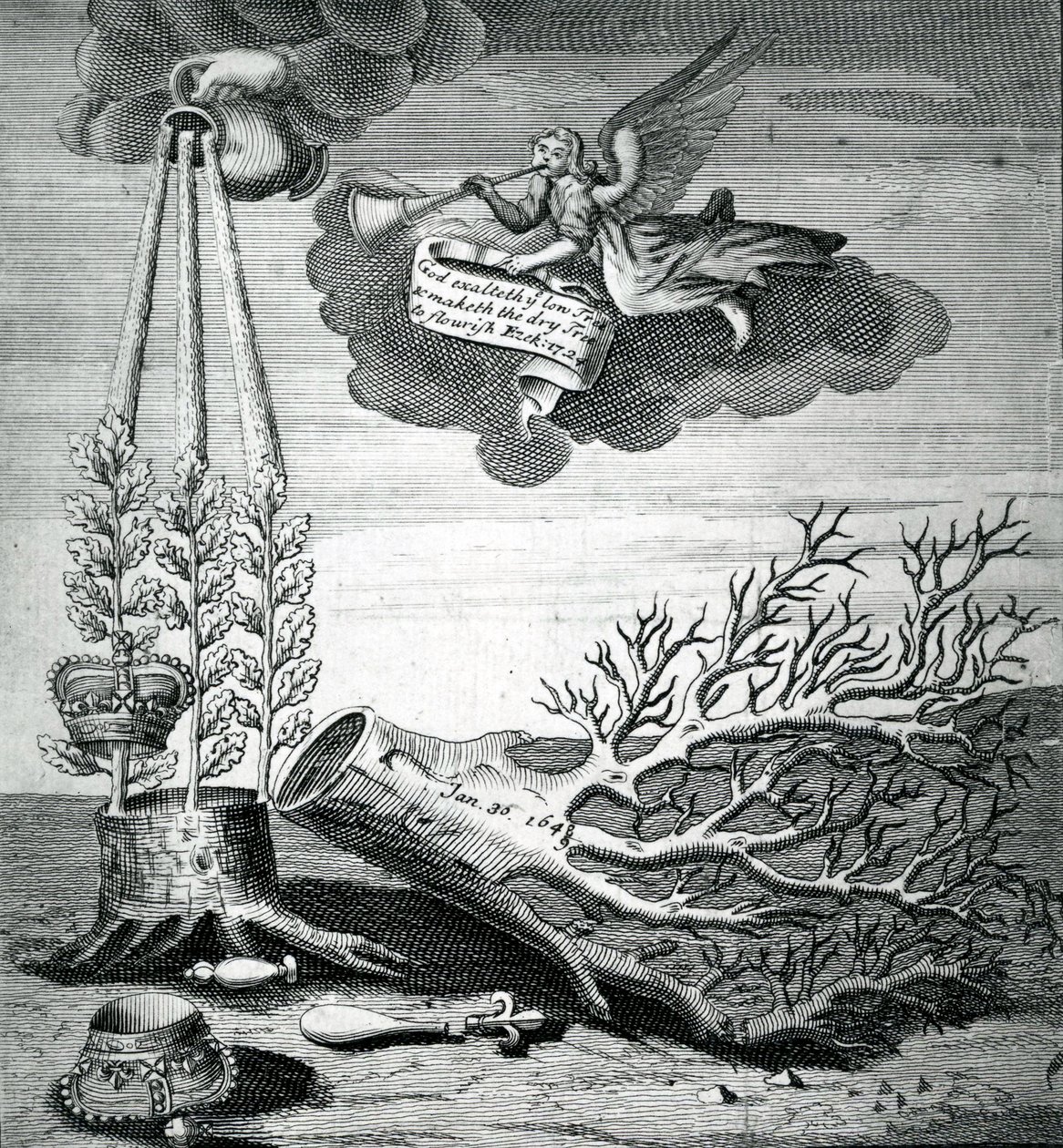 Emblematisk trykk som refererer til henrettelsen av Charles I og Stuart-følgen, 1715 av Robert Vaughan