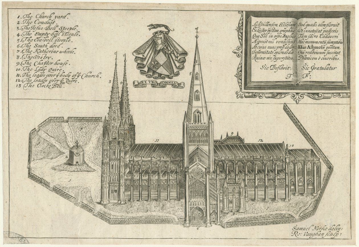 Lichfield Cathedral - South View: kobberplategravering, og [1600-tallet] av Robert Vaughan