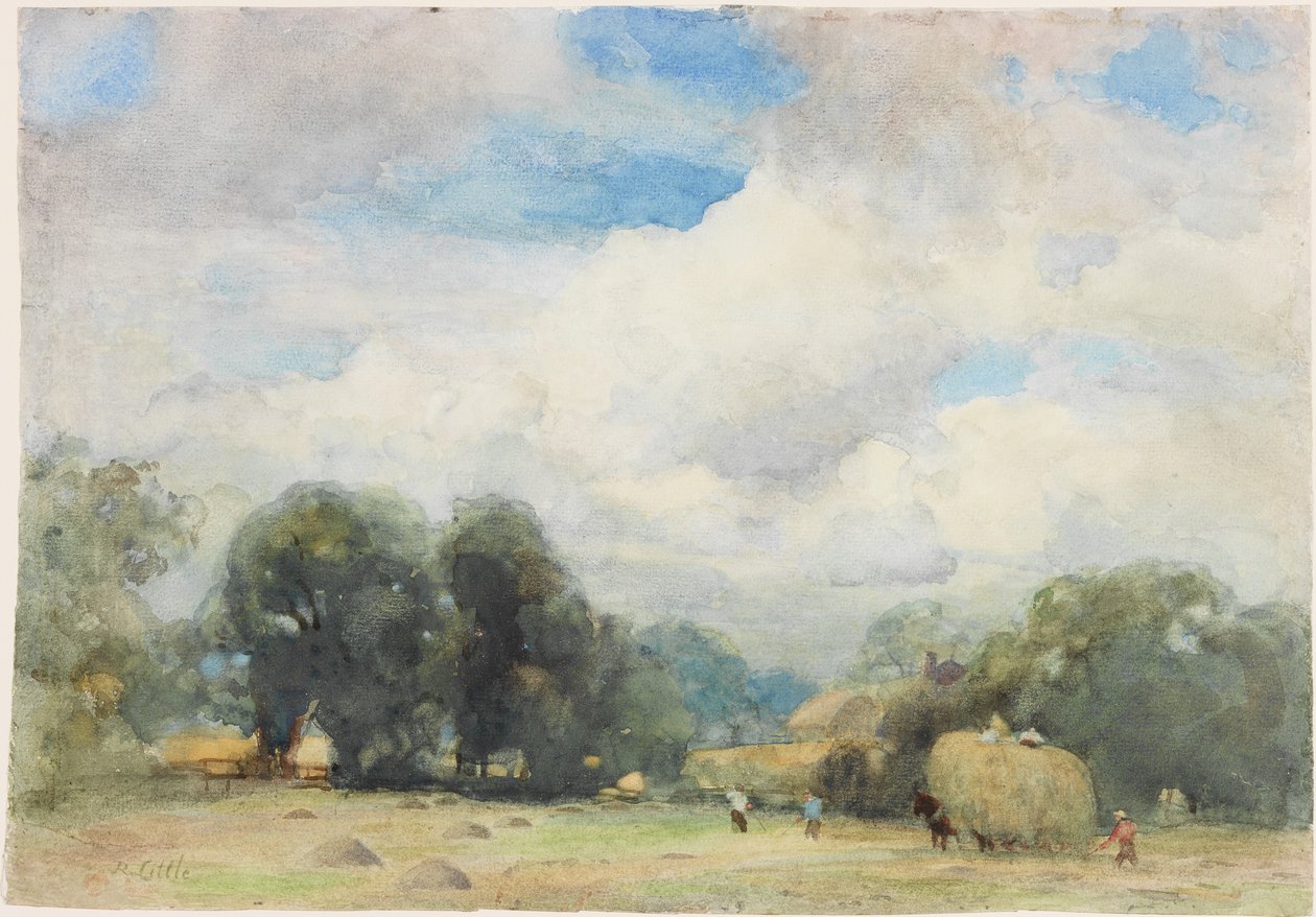 Høyproduksjon i Herefordshire (blyant og akvarell på papir (limt på kort)) av Robert W. Little