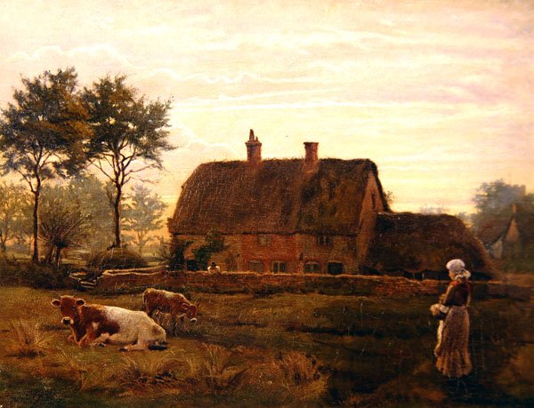 Storfe beiter ved en hytte med halmtak ved solnedgang av Robert Walker Macbeth
