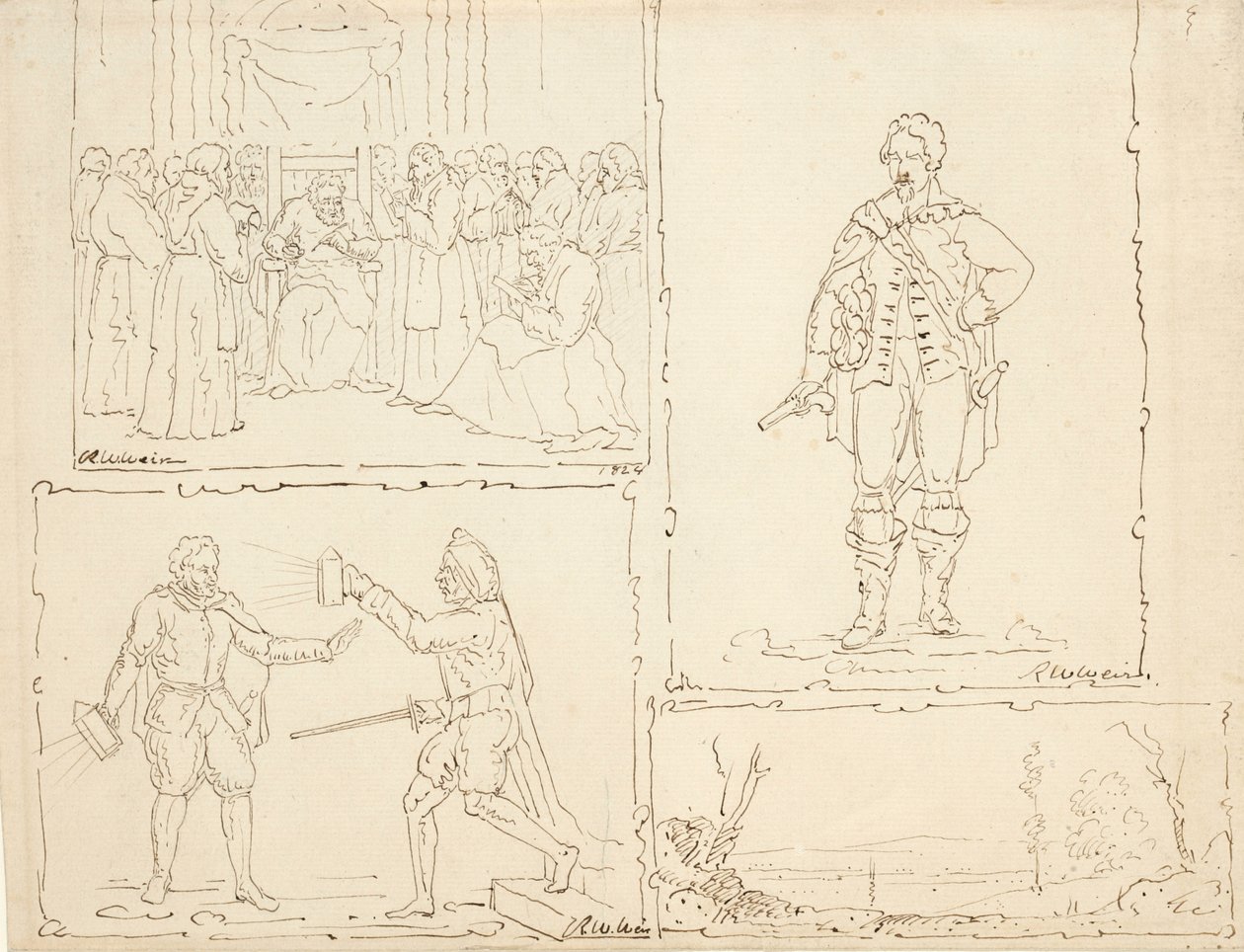 Fire skisser, 1824 (penn og brunt blekk på brunfarget papir) av Robert Walter Weir