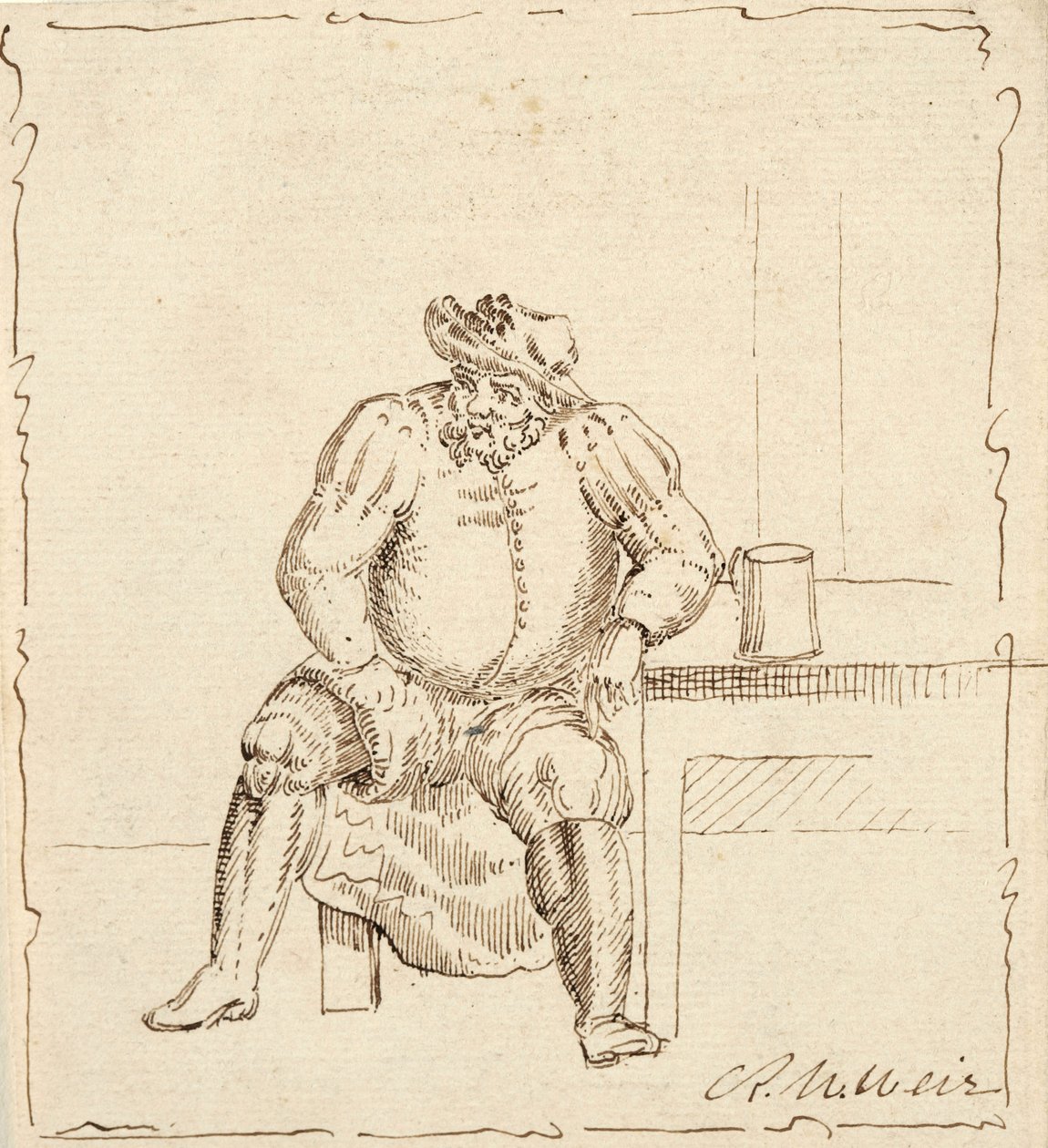 Skisse av sittende mann med krus, muligens Falstaff av Robert Walter Weir