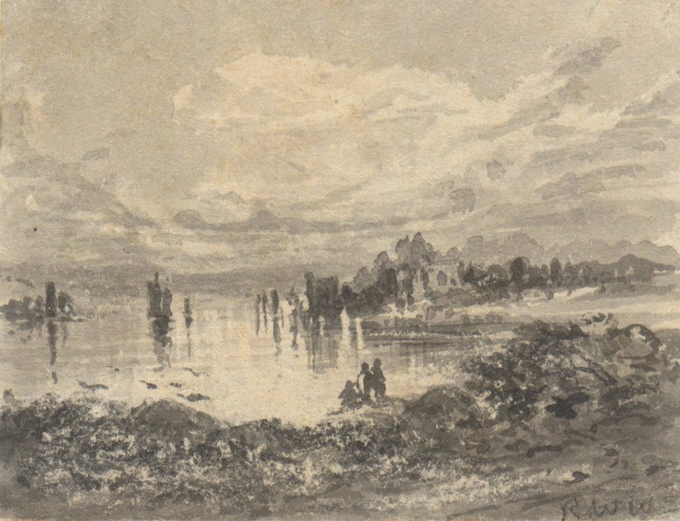Utsikt over innsjøen og fjellene med figurer av Robert Walter Weir
