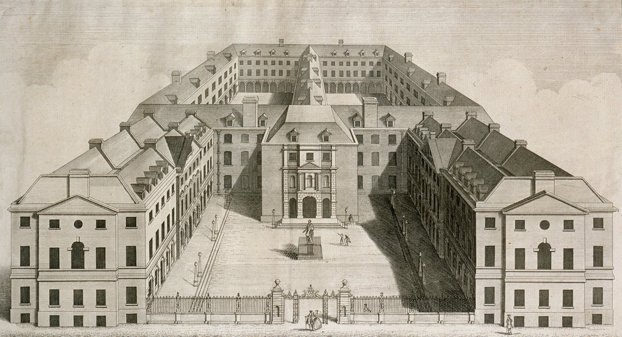 Fugleperspektiv av Guys Hospital, Southwark, med figurer i gårdsplassen, gravert av William Henry Toms, ca. 1756 av Robert West