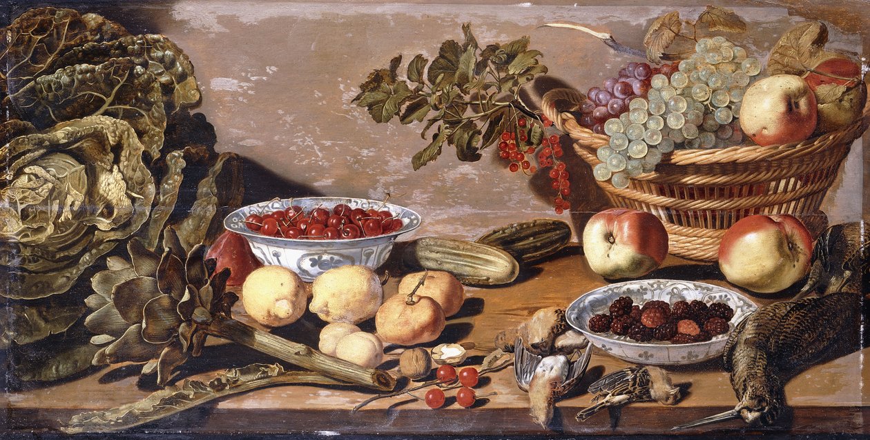 Skåler med kirsebær og bjørnebær, en kurv med druer, epler og rips, en kål, artisjokk, sitroner, Gerkins nøtter, annen frukt, død snipe og trost på et bord av Robert Willemsz de Baudous