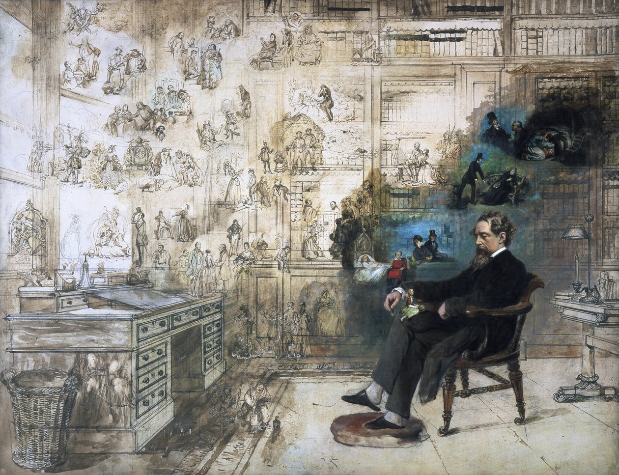 Et posthumt portrett av Dickens og hans karakterer; Dickenss drøm, 1875 av Robert William Buss