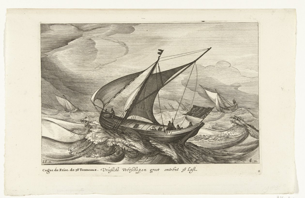 Frisiske ferger Vriesche Ferry skip store ca 38 Last / Cague de Frise. The 38 Tonneaux (tittel på objekt) Nederlandske skipstyper, 1627 (serietittel) Diverse Navires Don to se sert dans les Provinces Unies / Icones Variarum Navium Hollandicarum av Robert de Baudous (possibly)