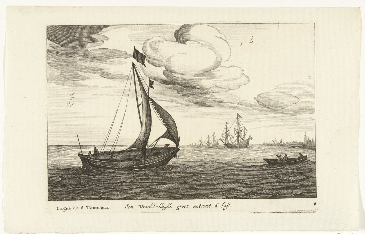 Vrachtkagen Een Vracht-kaghe groot om 6 Last / Cague de 6 Tonneaux (tittel på objekt) Hollandse scheepstypen, 1627 (serietittel) Forskjellige skip Don to se sert dans les United Provinces / Ikoner av forskjellige nederlandske skip hvis bruk hovedsakelig er av Robert de Baudous (possibly)