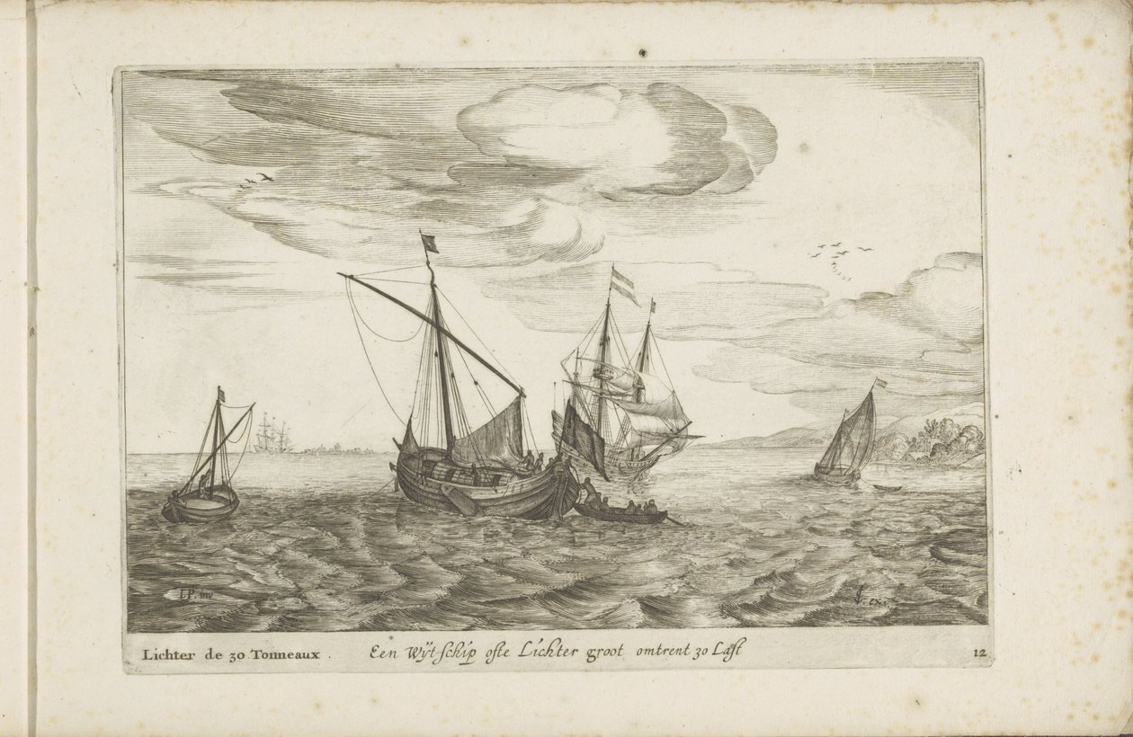 Wijdschip av lichter En Wyt-schip ofte Lichter groot ca 30 Last / Lichter de 30 Tonneaux (tittel på objekt) Diverse skip går ikke på se sert dans les Provinces Unies av Robert de Baudous (possibly)
