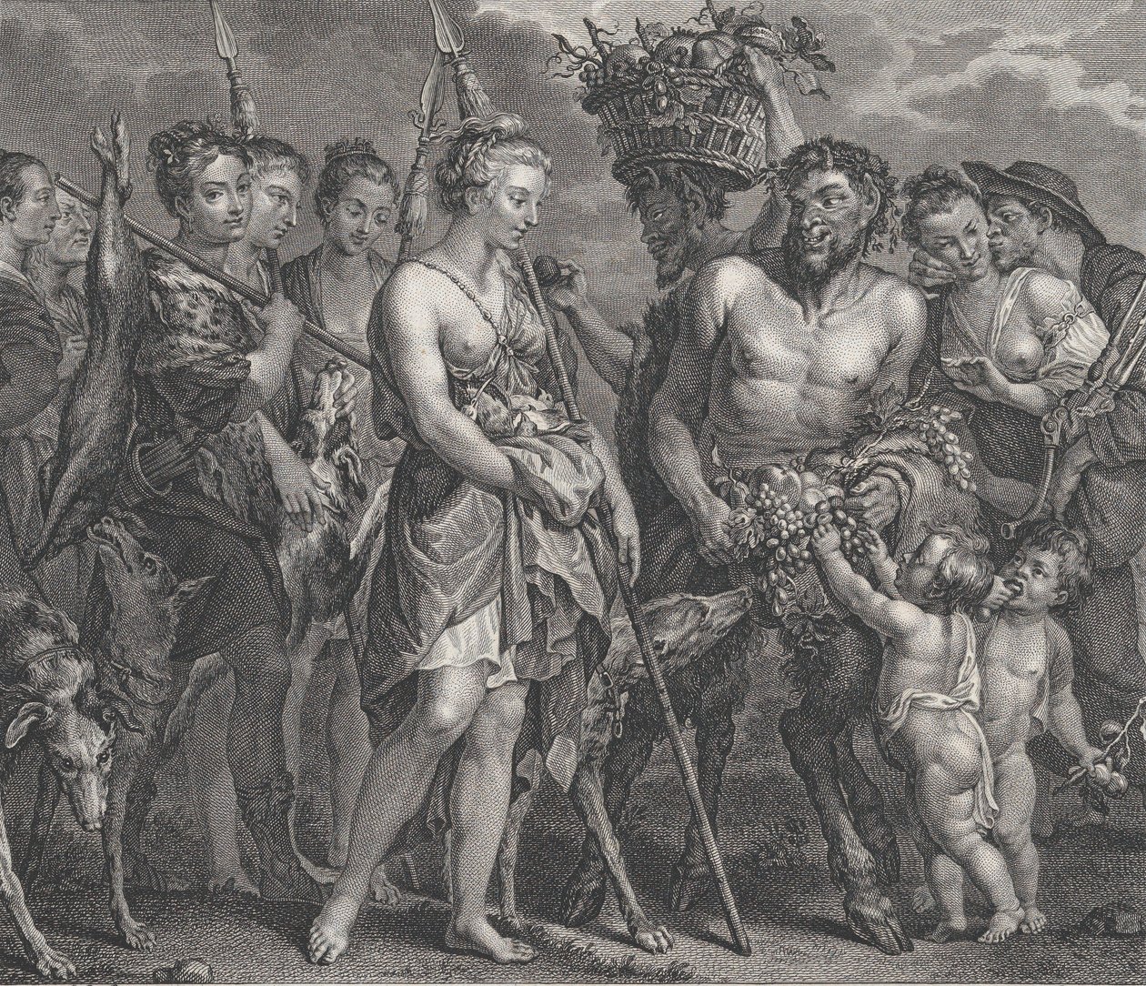 Diana kommer tilbake fra jakten, akkompagnert av hunder og nymfene hennes til venstre, to satyrer..., ca. 1808 av Robert de Launay