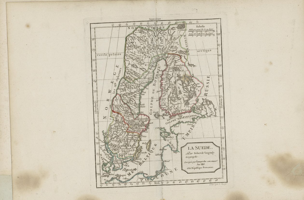 Illustrasjon hentet fra boken Nytt bærbart atlas beregnet hovedsakelig for undervisning av unge mennesker i henhold til Modern Geography of the late Abbé Delacroix av Vaugondy, Robert de og utgitt av Chez Lamarche (Paris, 1795) av Robert de Vaugondy