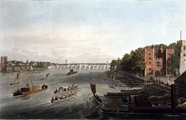 Utsikt over Westminster Bridge og Lambeth Palace, pub. 1820 av Colnaghi & Co. (gravering) av Robert the Elder and Younger Havell