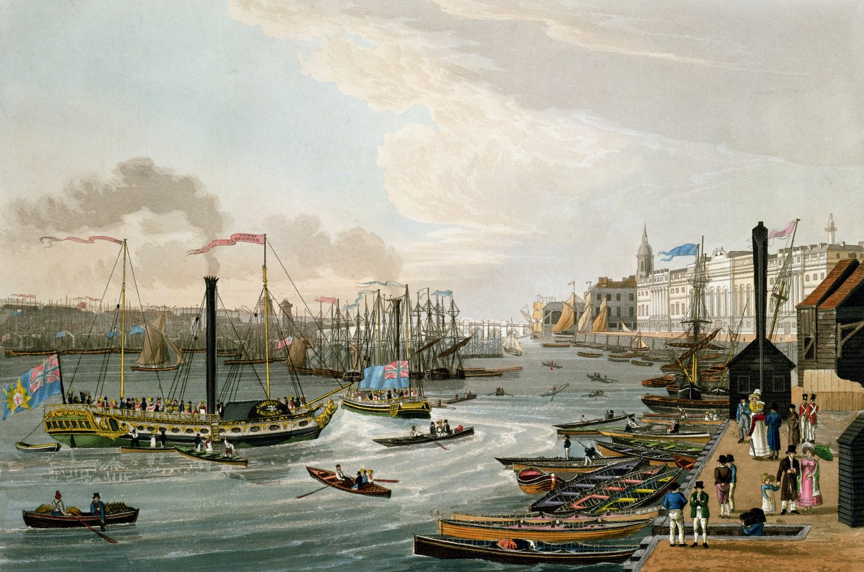 En utsikt over London Bridge og Custom House, med Margate Steam Yachts, pub. 1820 av Colnaghi und Co. (farget akvatint) av Robert the Elder and Younger Havell