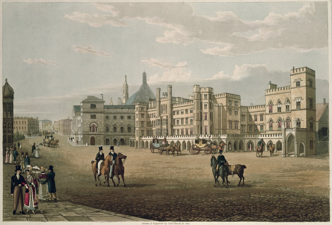 Utsikt over House of Lords and Commons, fra Old Palace Yard, pub. 1821 av Colnaghi und Co. (akvatint) av Robert the Elder and Younger Havell