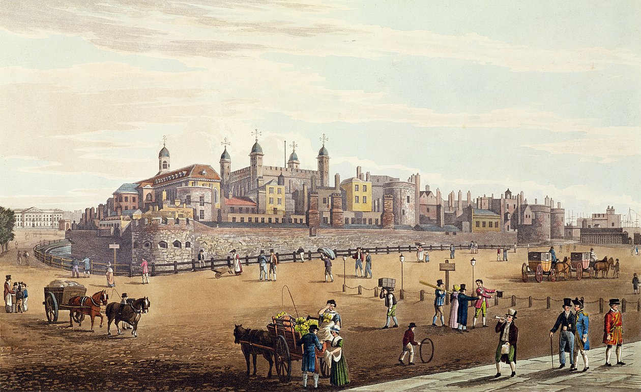 Utsikt over Tower of London og mynten, pub. av Colnaghi und Co, 1821 (farget aquaint) av Robert the Elder and Younger Havell